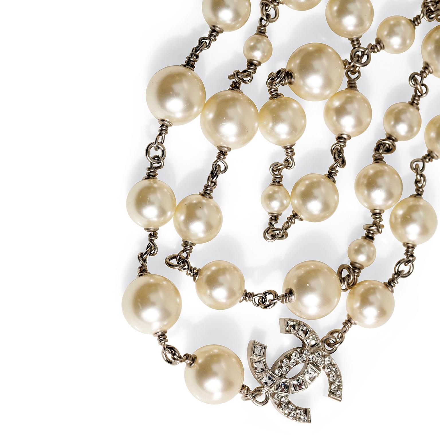 Chanel Pearl and Silver Triple Strand CC Necklace 3