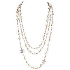 Chanel Pearl and Silver Triple Strand CC Necklace