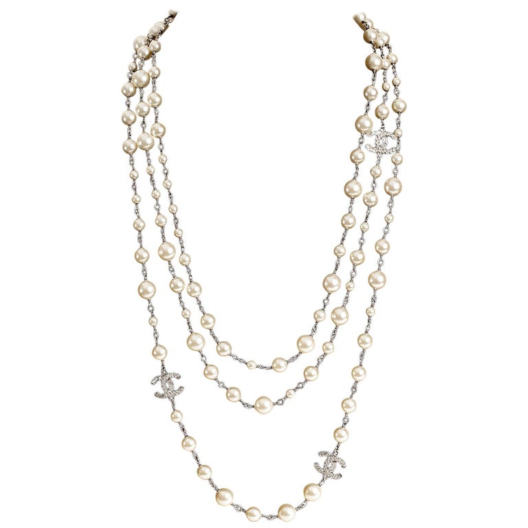 Chanel Pearl and Silver Triple Strand CC Necklace at 1stDibs