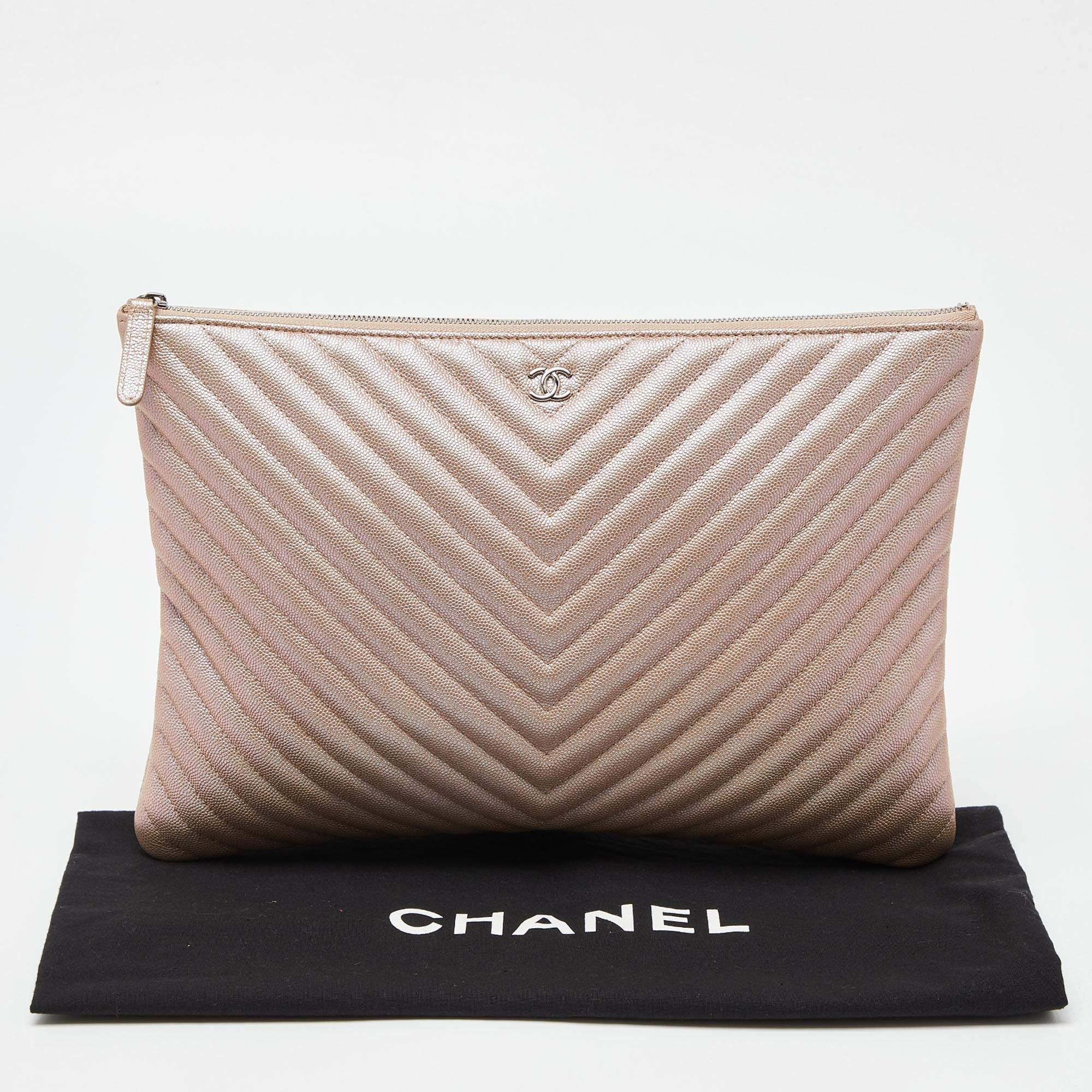 Chanel Pearl Beige Chevron Caviar Leather Large O-Case Zip Pouch 6
