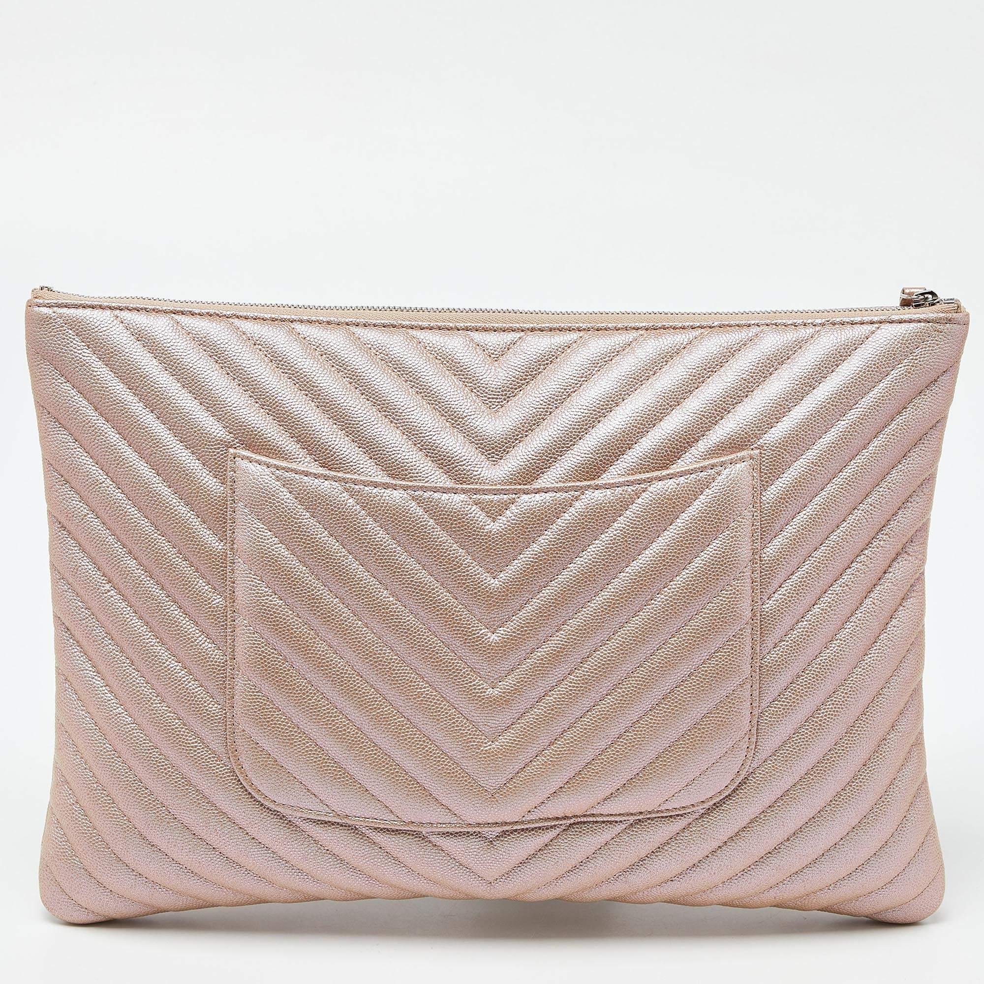 Women's Chanel Pearl Beige Chevron Caviar Leather Large O-Case Zip Pouch