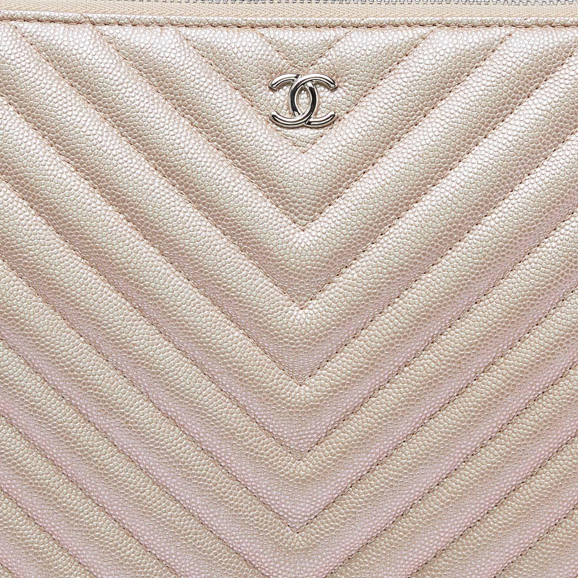 Chanel Pearl Beige Chevron Caviar Leather Large O-Case Zip Pouch 1