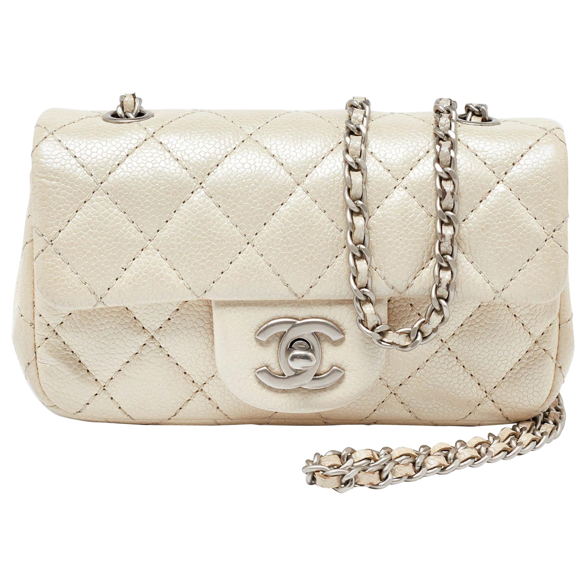 Chanel Pearl Beige Quilted Caviar Leather New Mini Classic Flap Bag