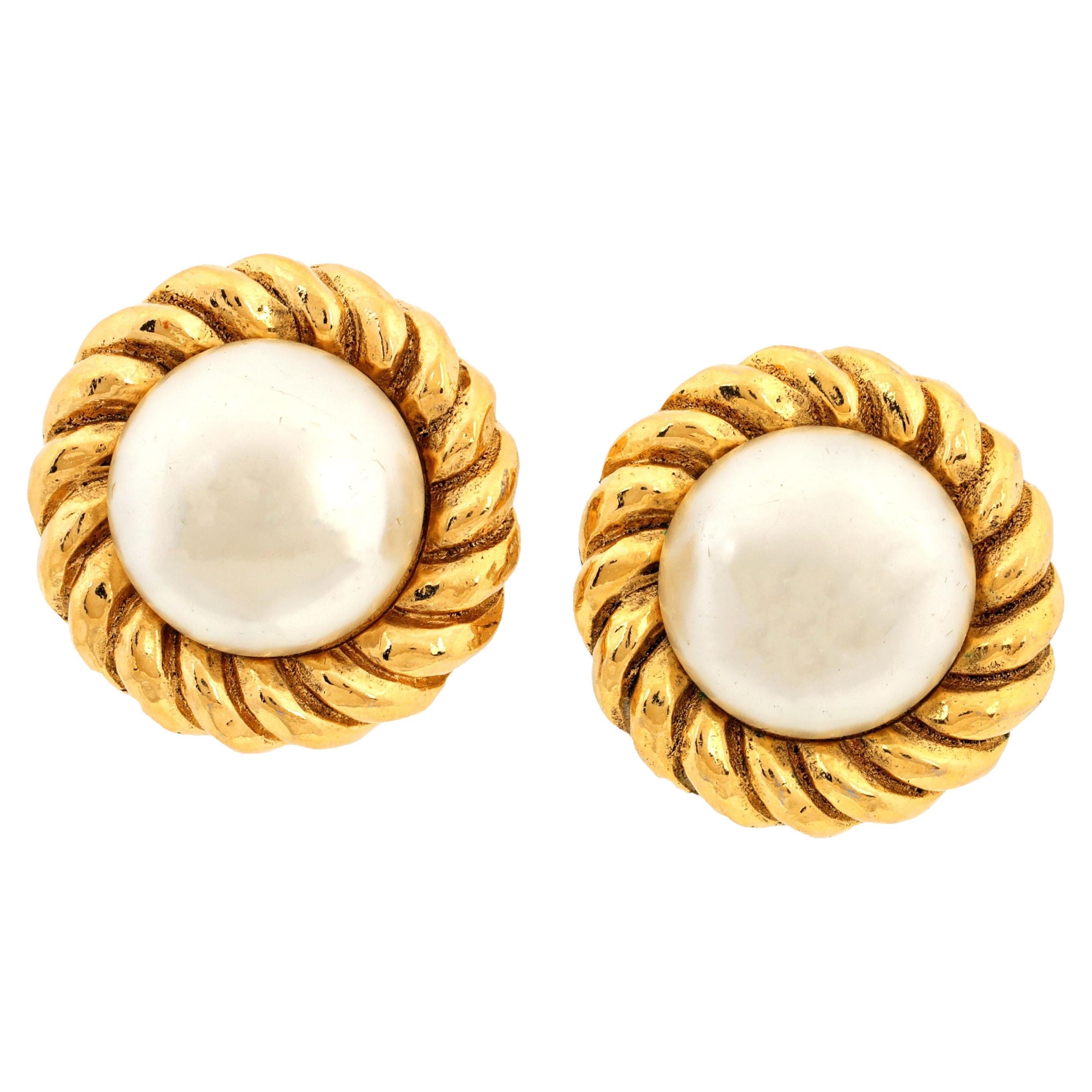 Chanel Pearl Button Gold Rope Clip On Earrings For Sale