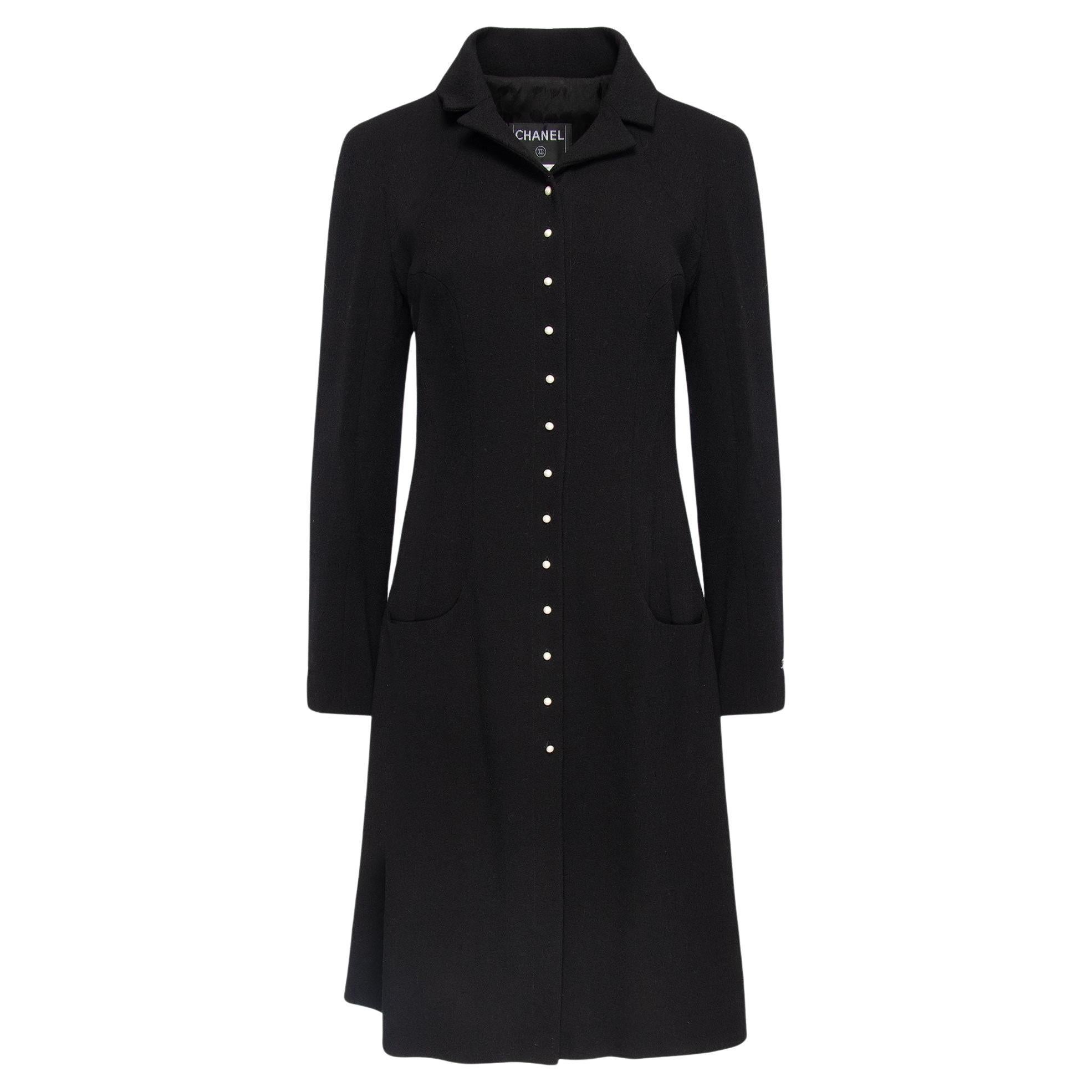 Chanel Pearl Buttons Black Tweed Coat Jacket For Sale