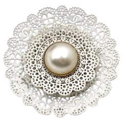 Chanel Pearl CC White Lace Brooch 