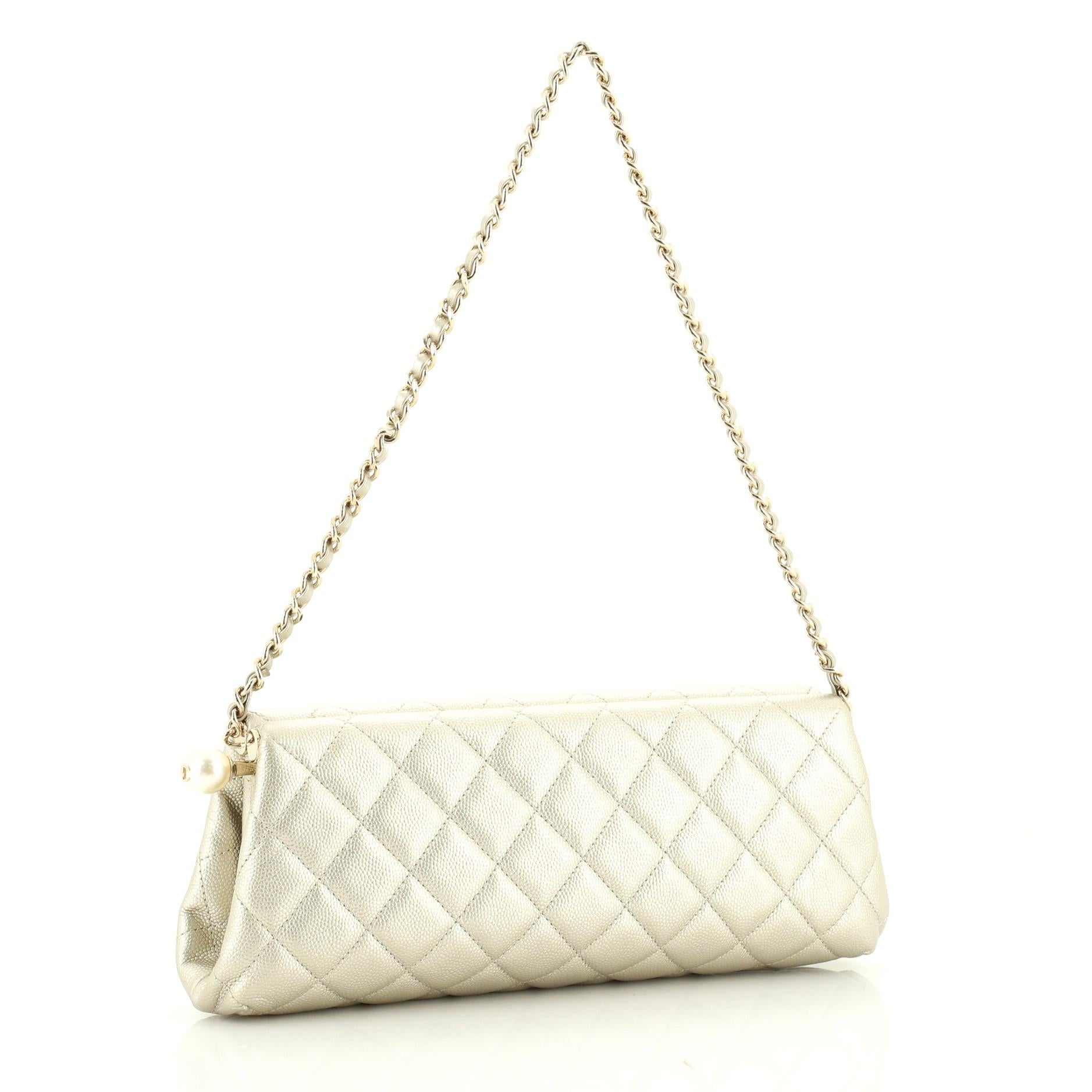 Beige Chanel Pearl Chain Clutch Quilted Caviar