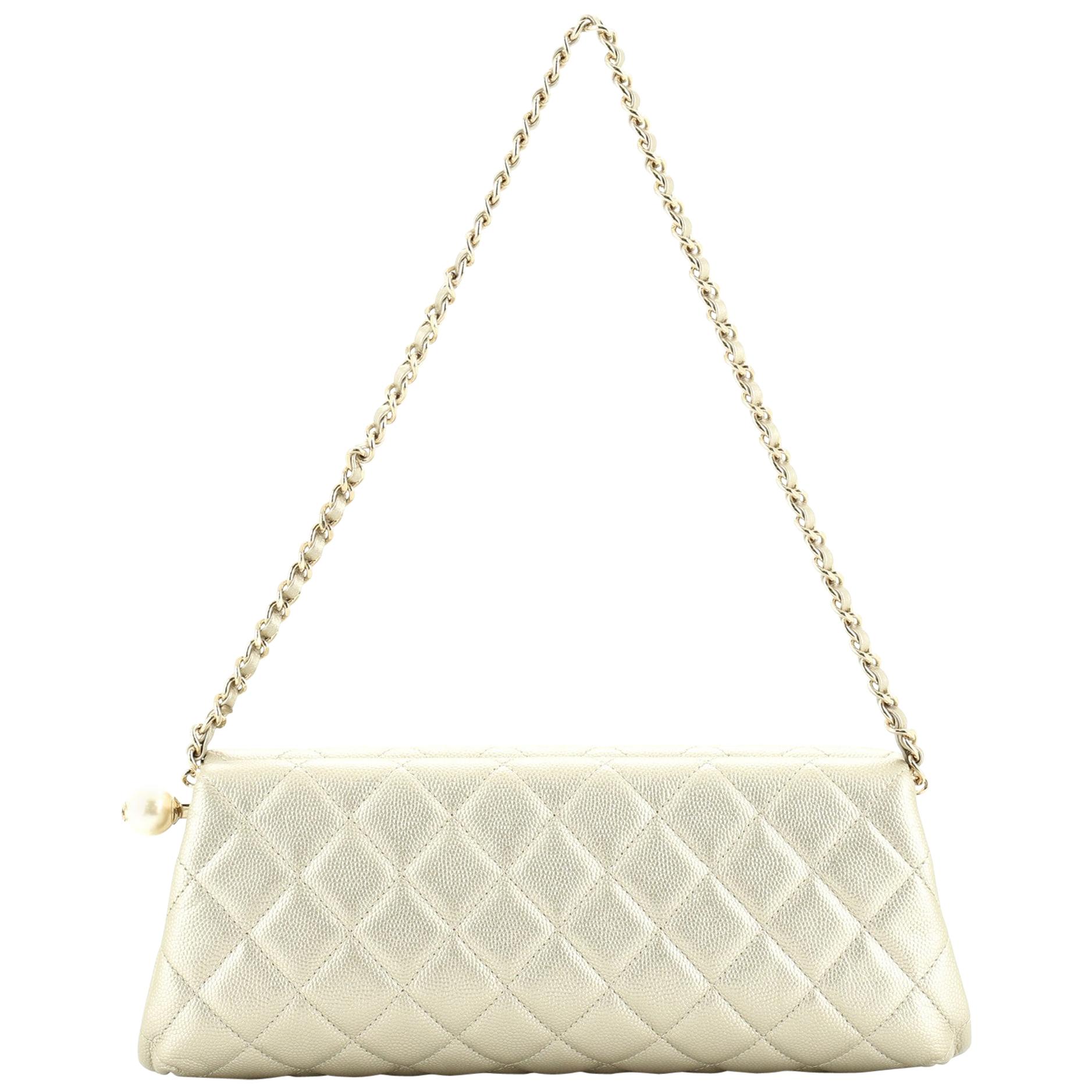 Chanel Pearl Chain Clutch Quilted Caviar
