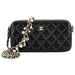 Chanel Pearl Charms Double Zip Clutch With Chain Quilted Shiny Lambskin