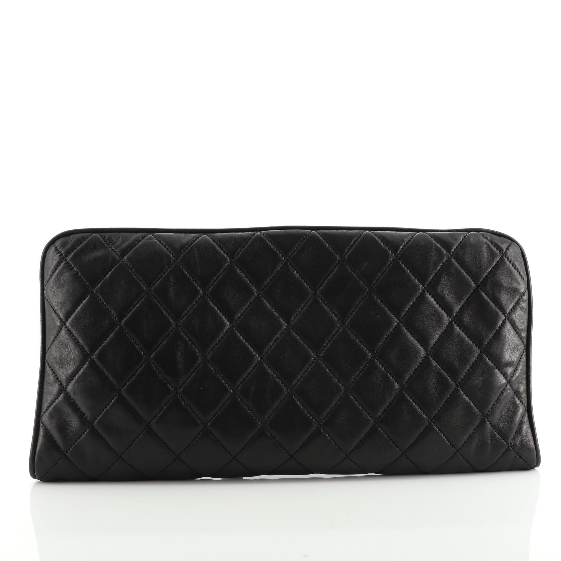 Black Chanel Pearl Clasp Frame Clutch Quilted Lambskin Large
