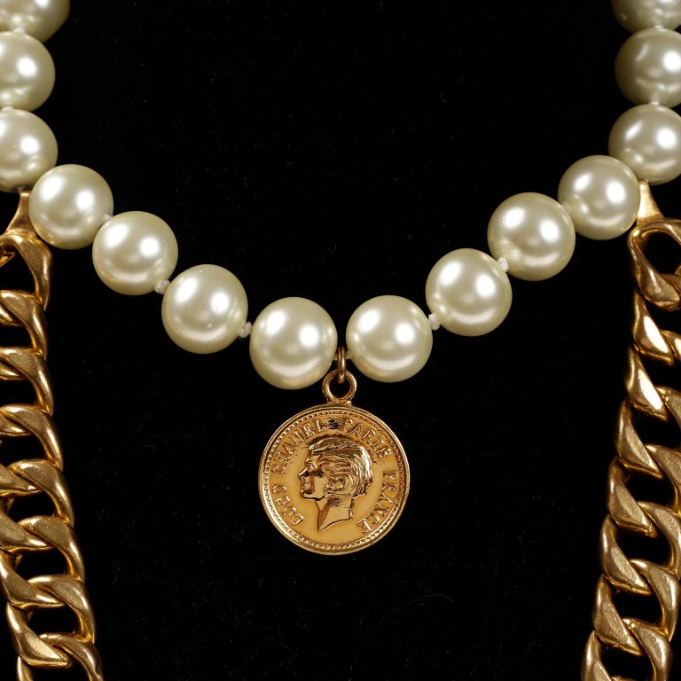 Chanel Pearl Coco Coin Choker with Draped Chain Necklace For Sale