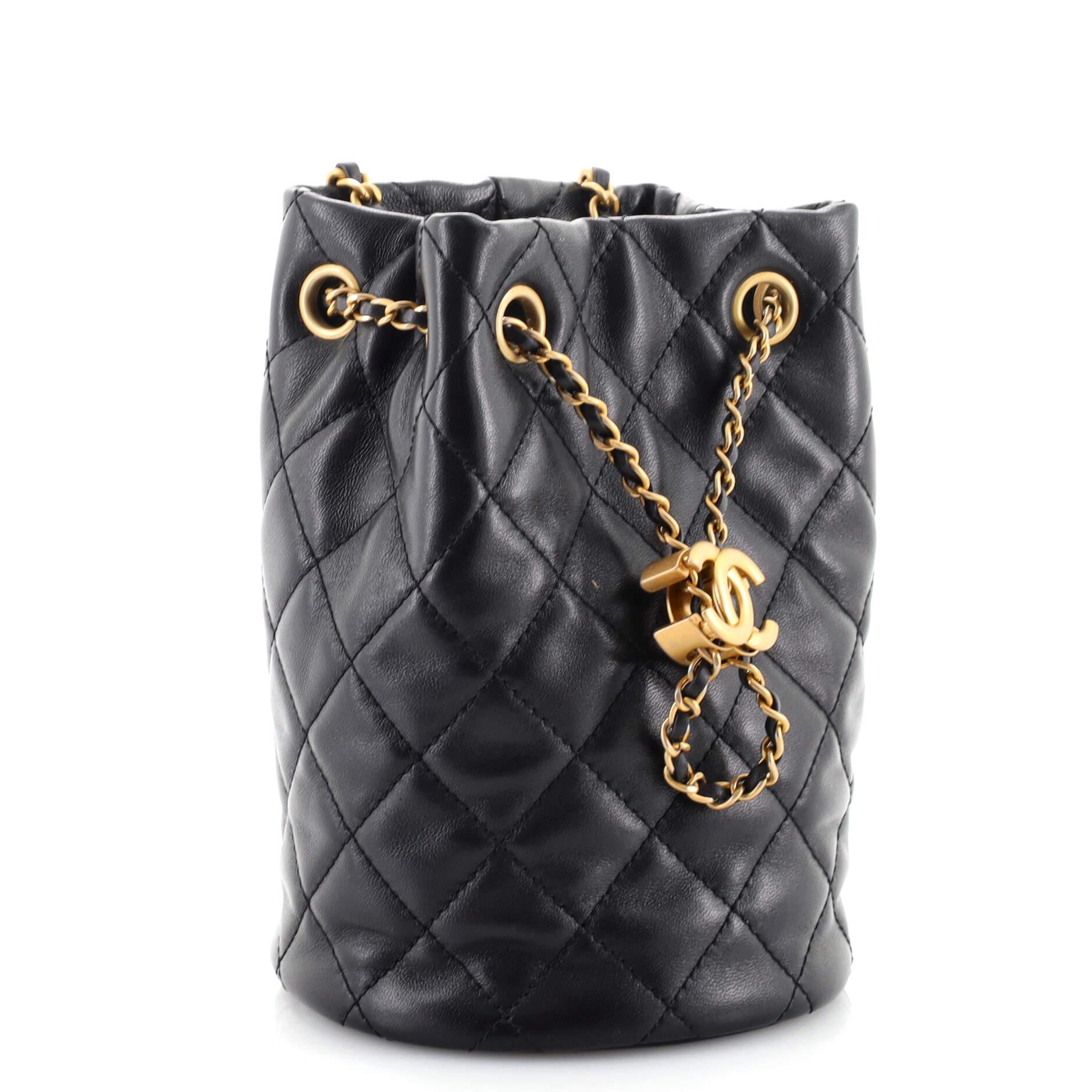 Black Chanel Pearl Crush Bucket Bag Quilted Lambskin