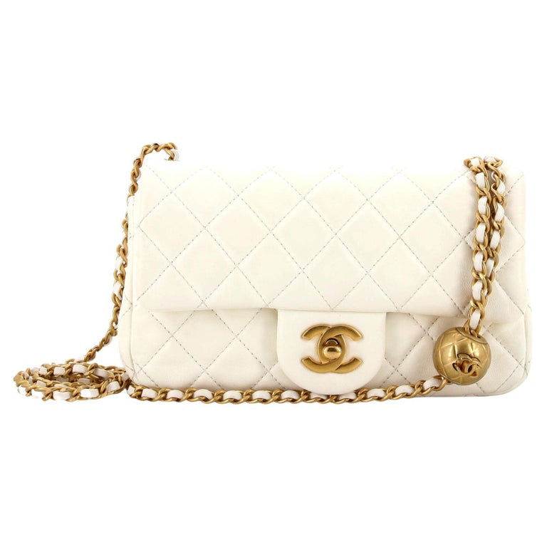 Chanel White Quilted Lambskin Mini Flap Bag With Pearl Crush Chain