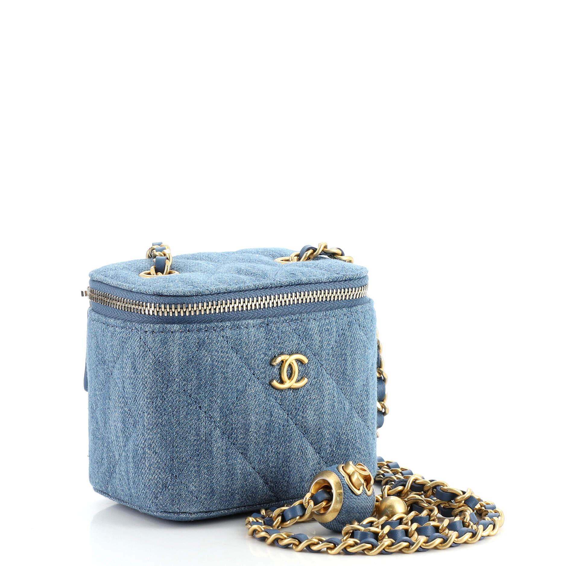 Chanel Pearl Crush Vanity Case with Chain Quilted Denim Mini In Fair Condition In NY, NY