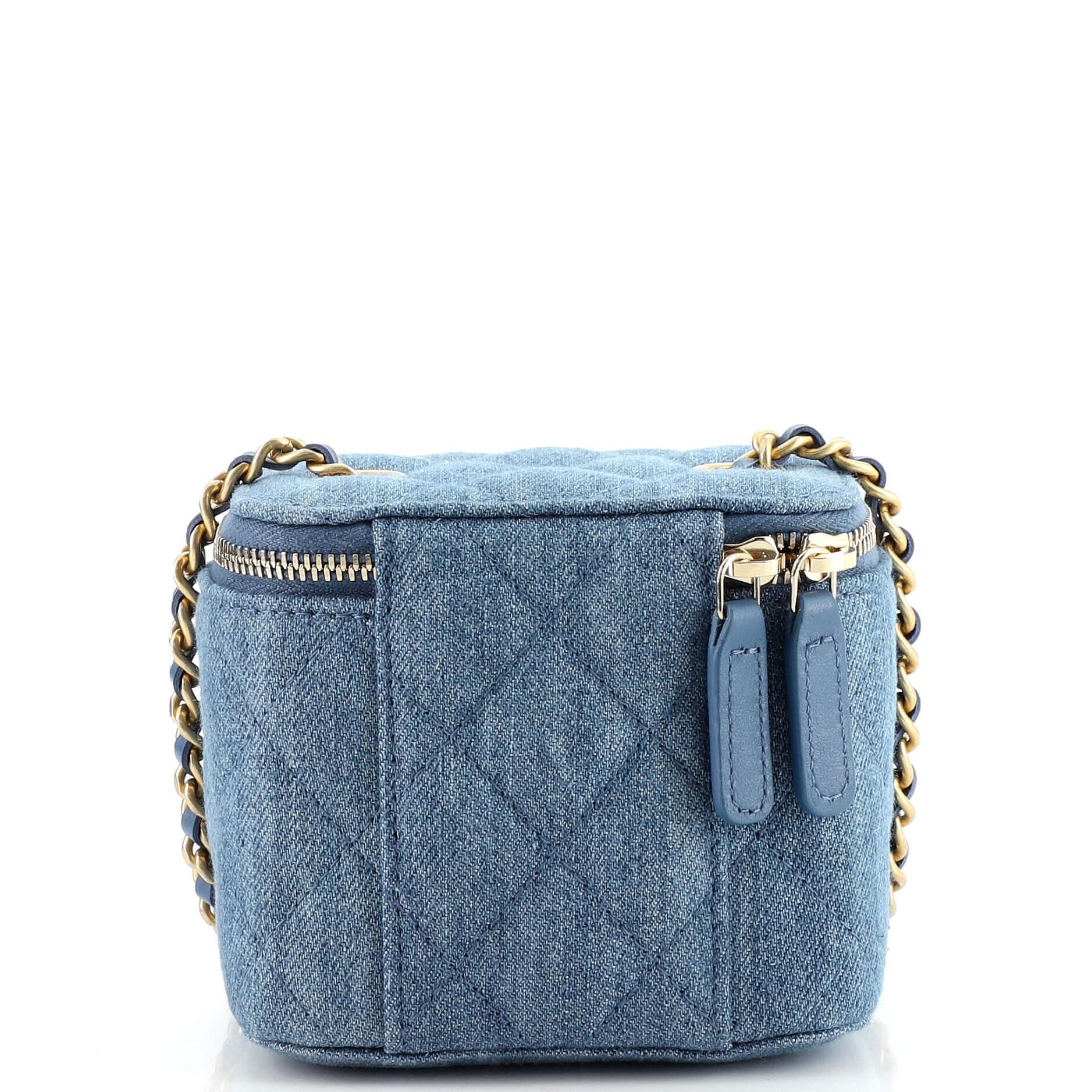 Women's or Men's Chanel Pearl Crush Vanity Case with Chain Quilted Denim Mini
