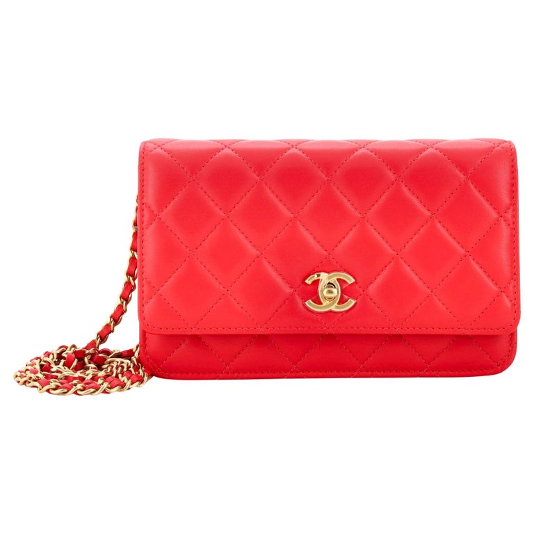 Chanel Red Quilted Lambskin CC Pearl Crush Wallet On Chain Aged