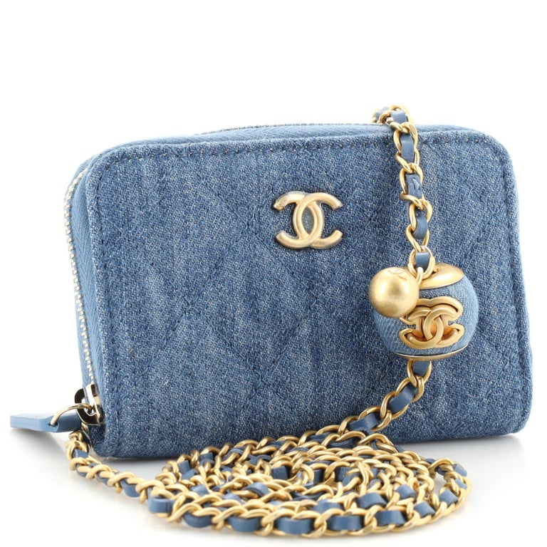 Chanel Pearl Crush Zip Around Card Holder on Chain Quilted Denim at 1stDibs