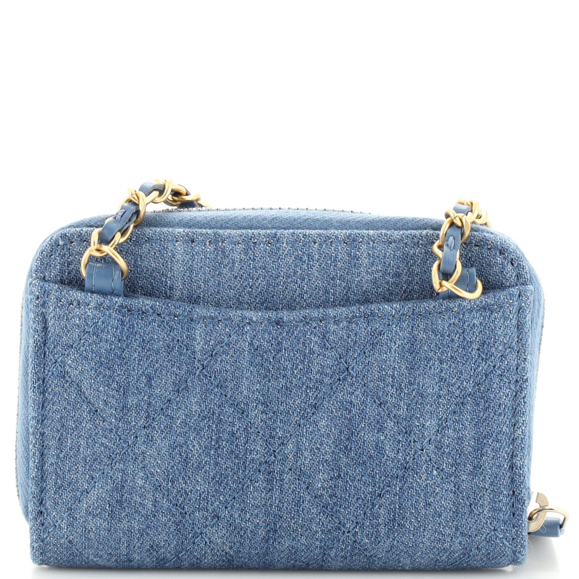 Women's Chanel Pearl Crush Zip Around Card Holder on Chain Quilted Denim