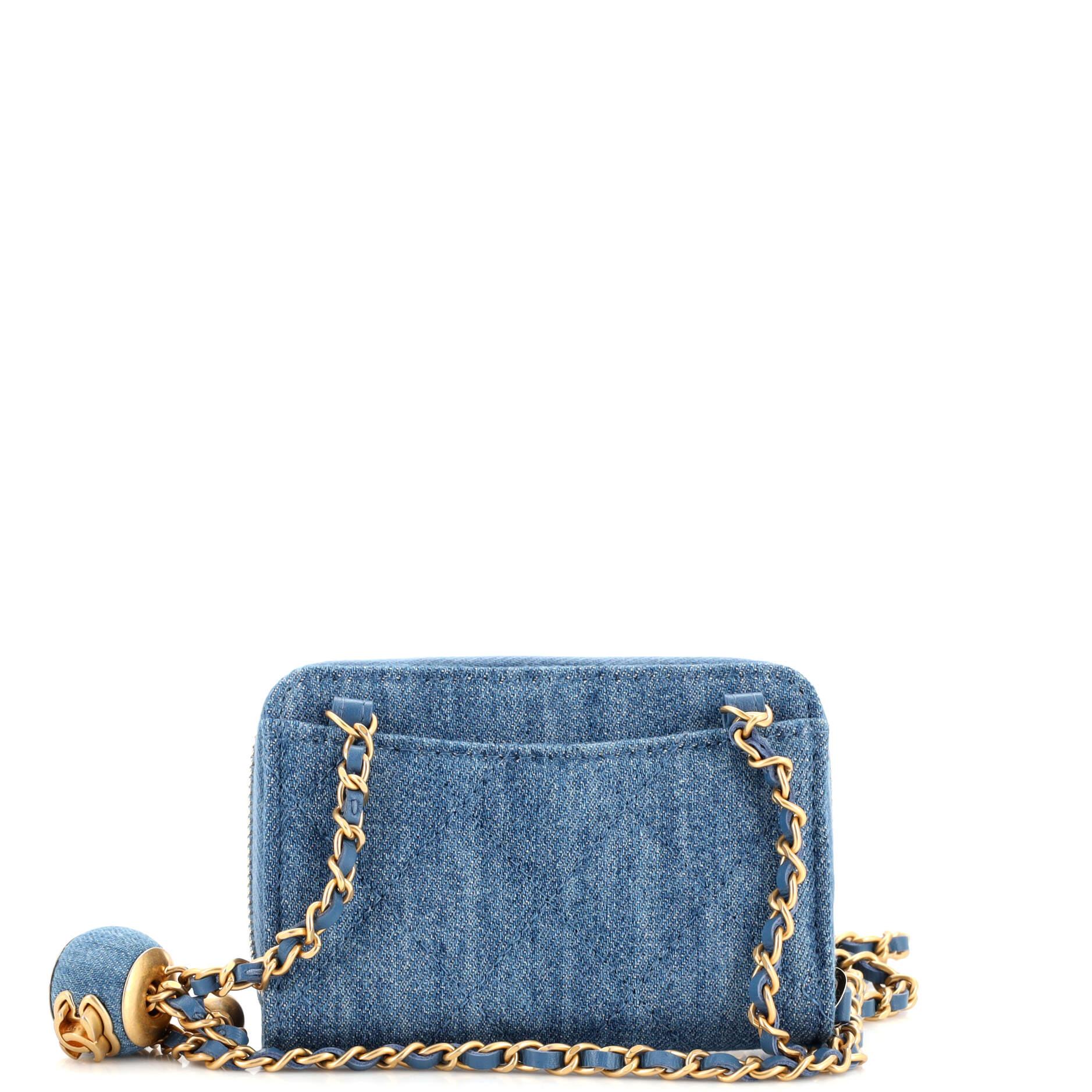 Chanel Pearl Crush Zip Around Card Holder on Chain Quilted Denim In Good Condition For Sale In NY, NY