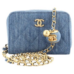 Chanel Pearl Crush Zip Around Card Holder on Chain Quilted Denim