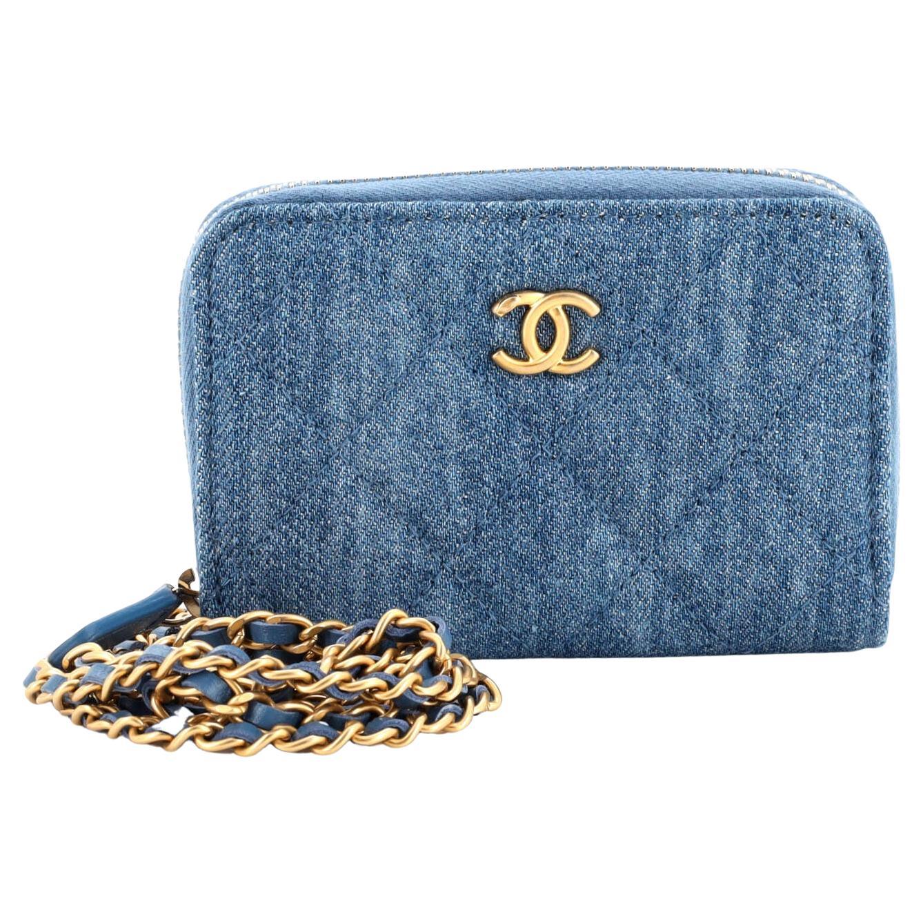 Chanel Pearl Crush Zip Around Card Holder on Chain Quilted Denim For Sale