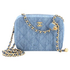 Chanel Pearl Crush Zip Around Vanity Case with Chain Quilted Denim Mini