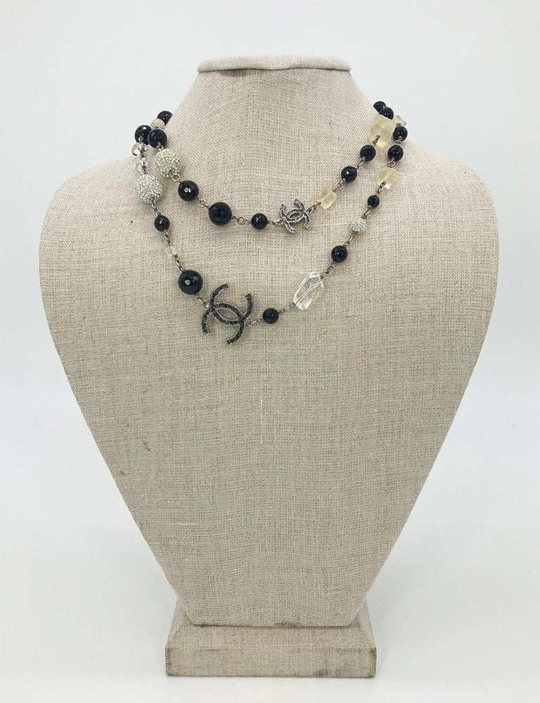 Chanel Pearl Crystal Beaded CC Logo Necklace For Sale at 1stDibs