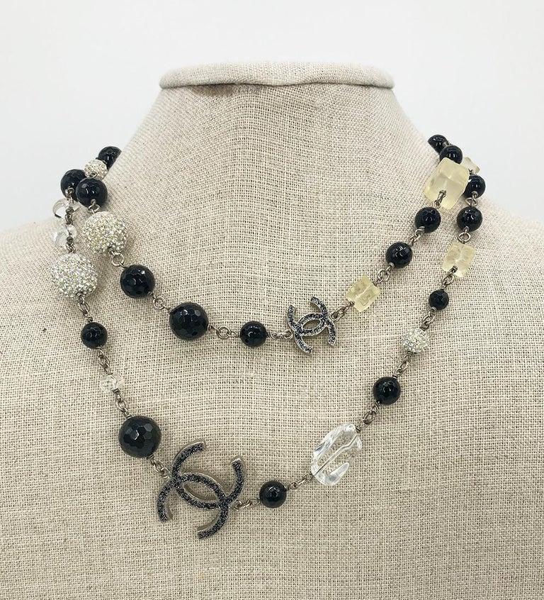 Chanel Pearl Crystal Beaded CC Logo Necklace For Sale at 1stDibs