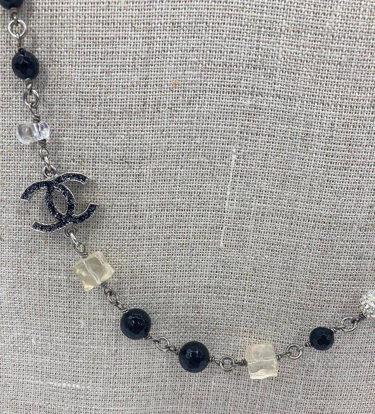 Chanel Pearl Crystal Beaded CC Logo Necklace For Sale at 1stDibs