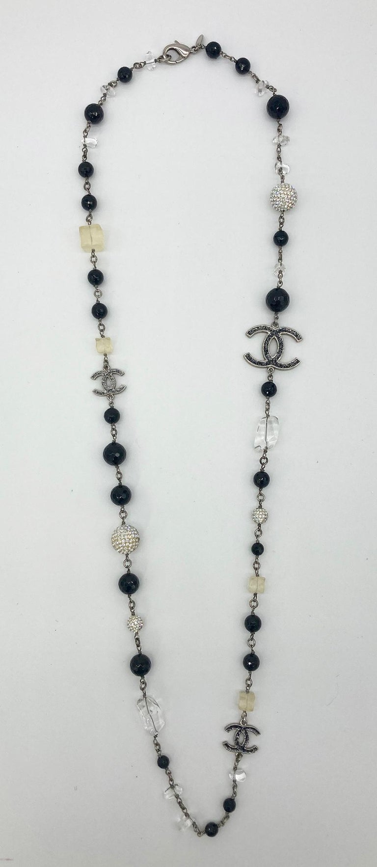 Chanel Pearl Crystal Beaded CC Logo Necklace For Sale at 1stDibs