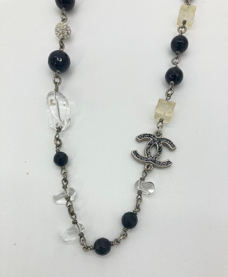 Chanel Pearl Crystal Beaded CC Logo Necklace For Sale at 1stDibs
