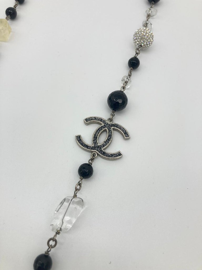 Chanel Pearl Crystal Beaded CC Logo Necklace For Sale at 1stDibs