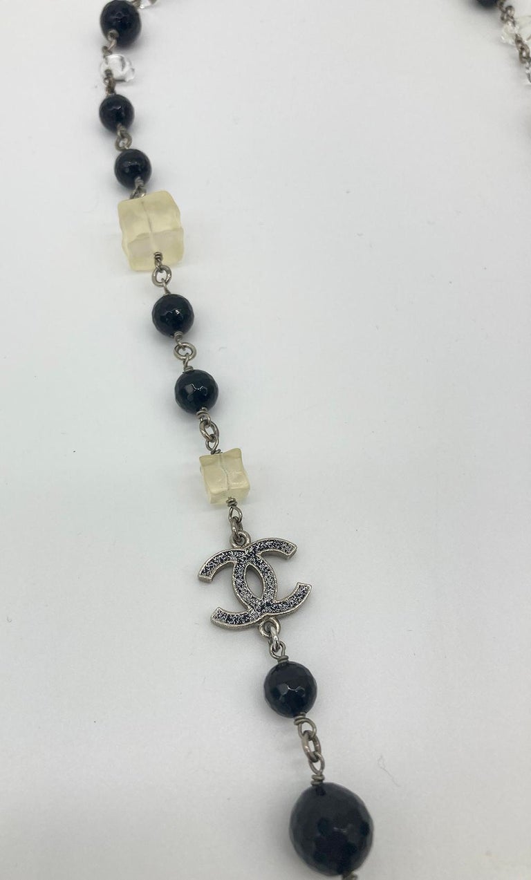 Chanel Pearl Crystal Beaded CC Logo Necklace For Sale at 1stDibs