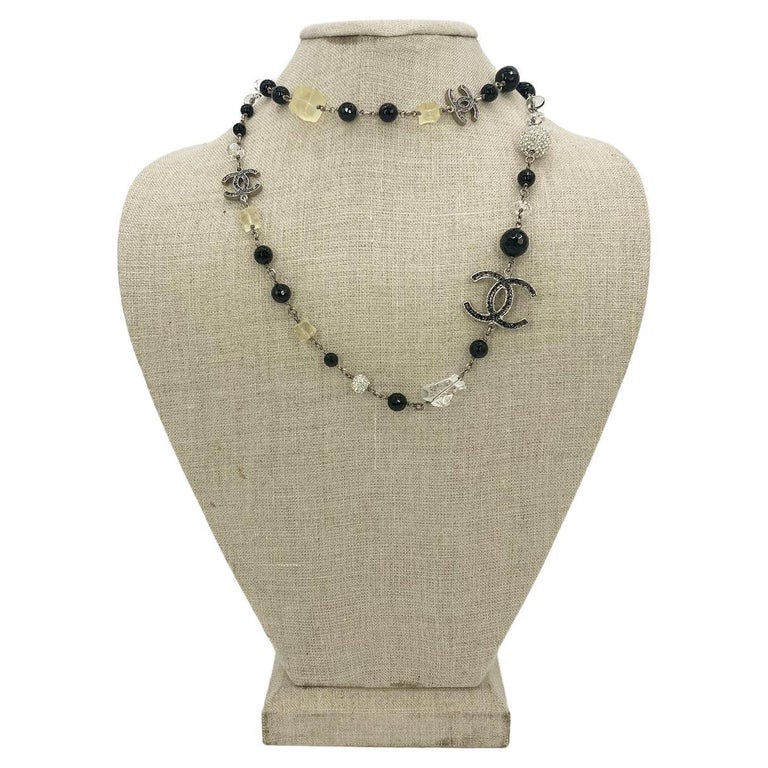 Chanel Pearl Crystal Beaded CC Logo Necklace at 1stDibs