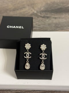 Chanel Pearl Crystal CC Flower Tear Drop Silver Dangle Earrings