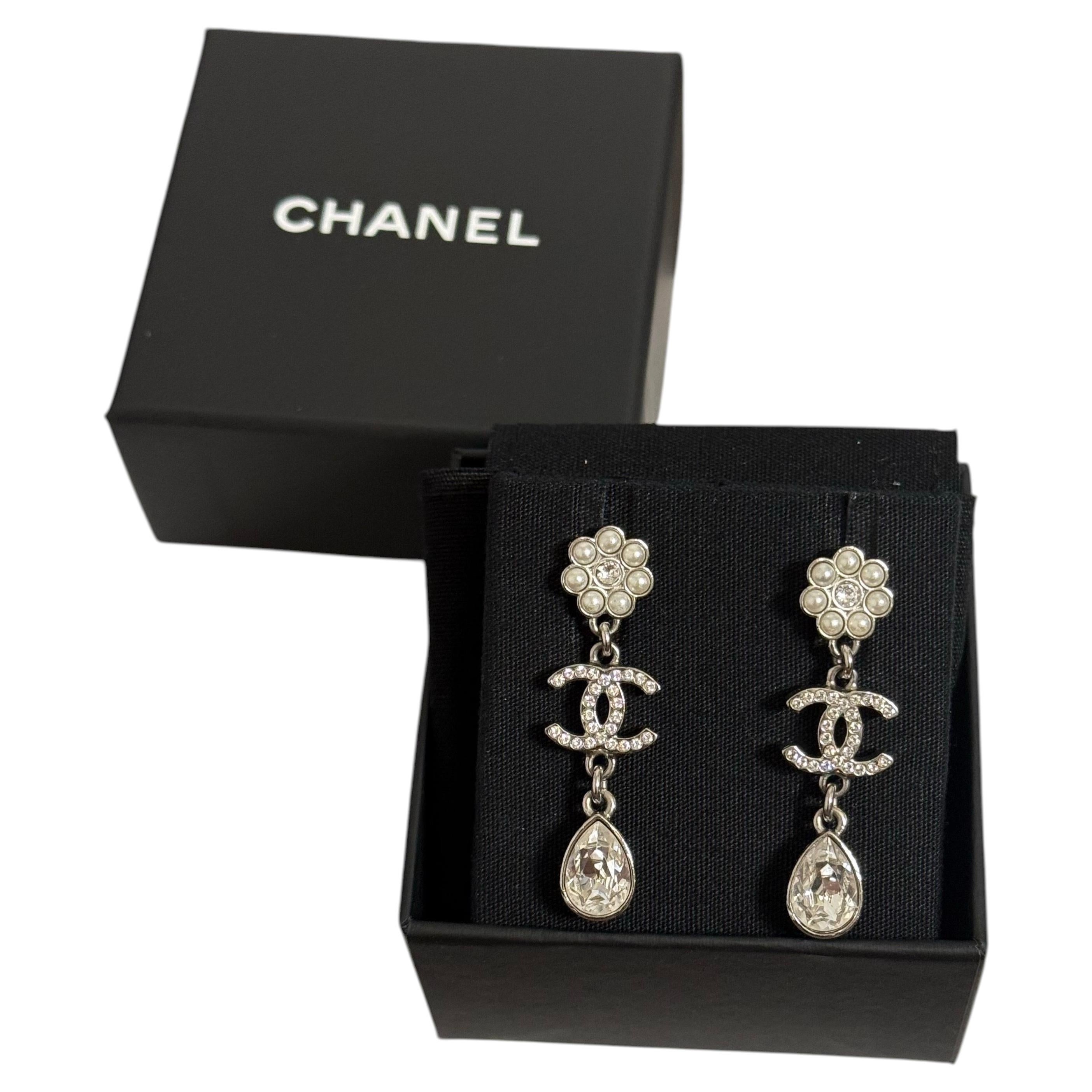 Chanel Pearl Crystal CC Flower Tear Drop Silver Dangle Earrings