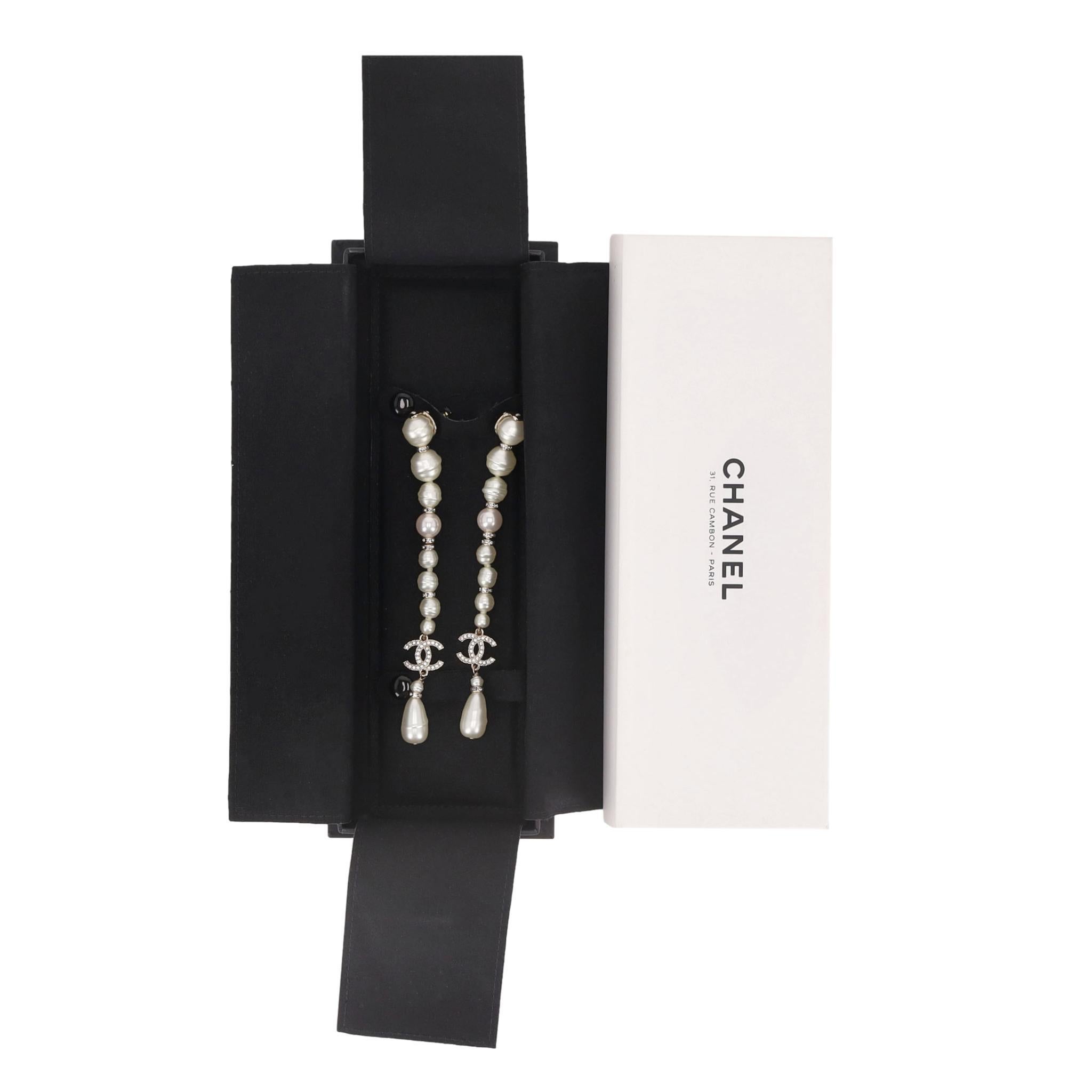 Round Cut Chanel Pearl & Crystal 'CC' Logo Drop Earrings For Sale