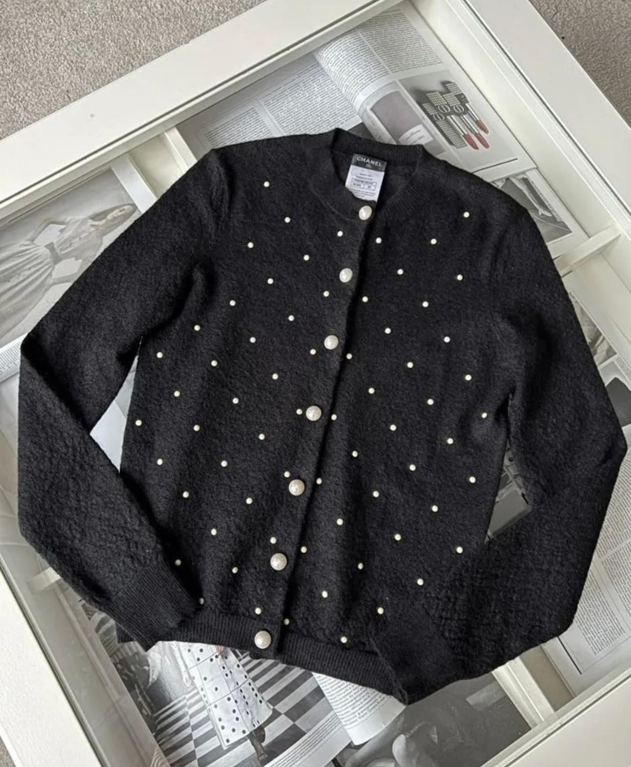 Women's or Men's Chanel Pearl Embellished Black Knit Jacket