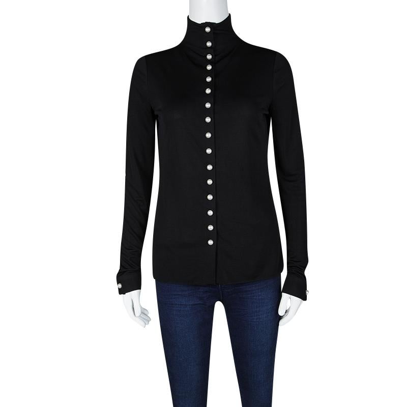 Black Chanel Pearl Embellished Button Detail Long Sleeve Blouse M
