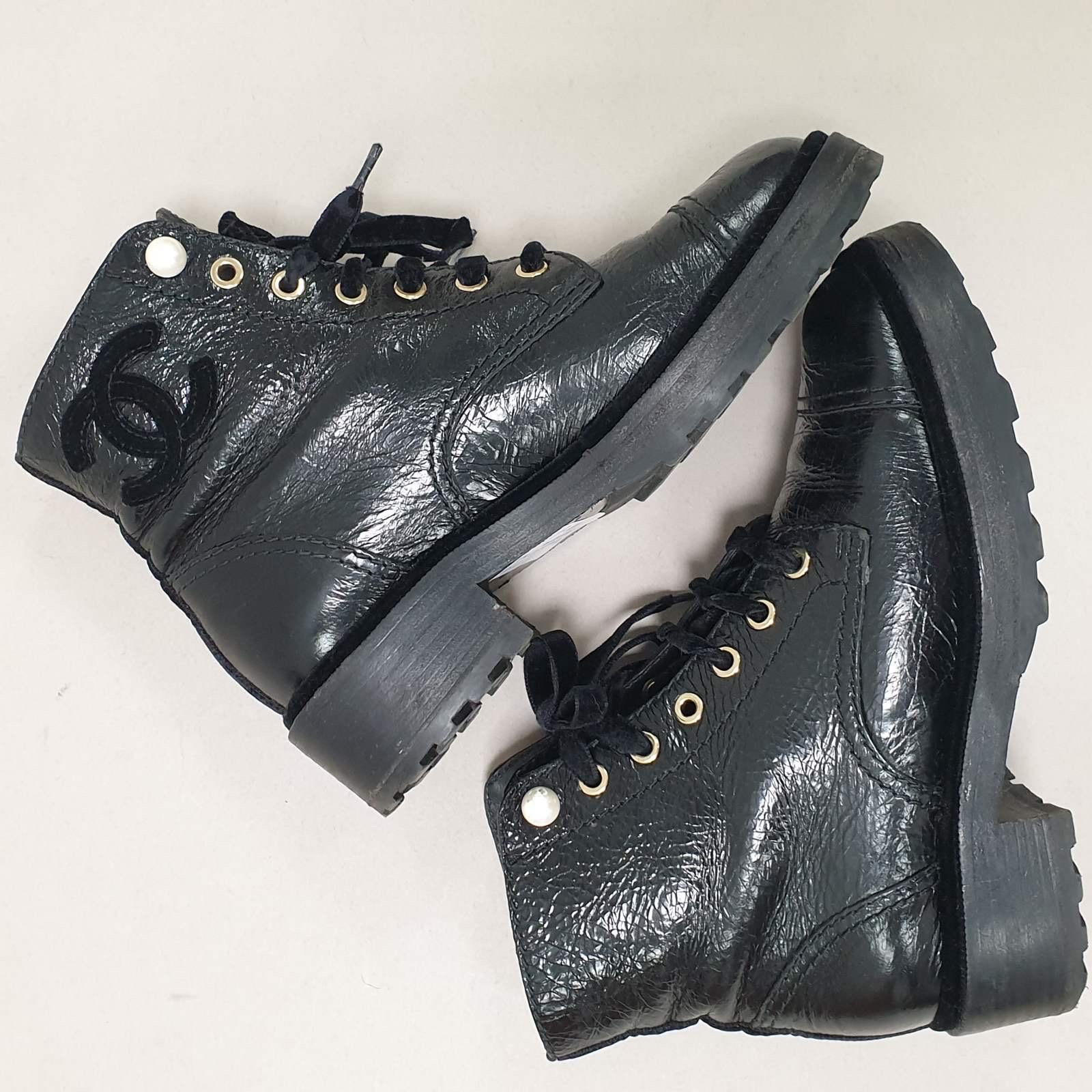 Chanel Pearl Embellished Crackled Calfskin Leather Boots For Sale 6