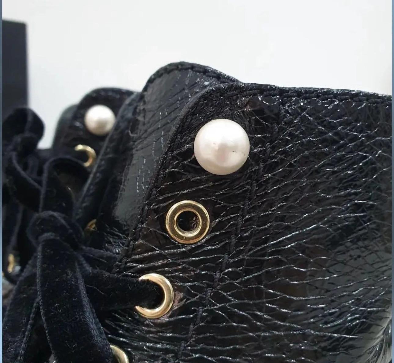 Women's Chanel Pearl Embellished Crackled Calfskin Leather Boots For Sale
