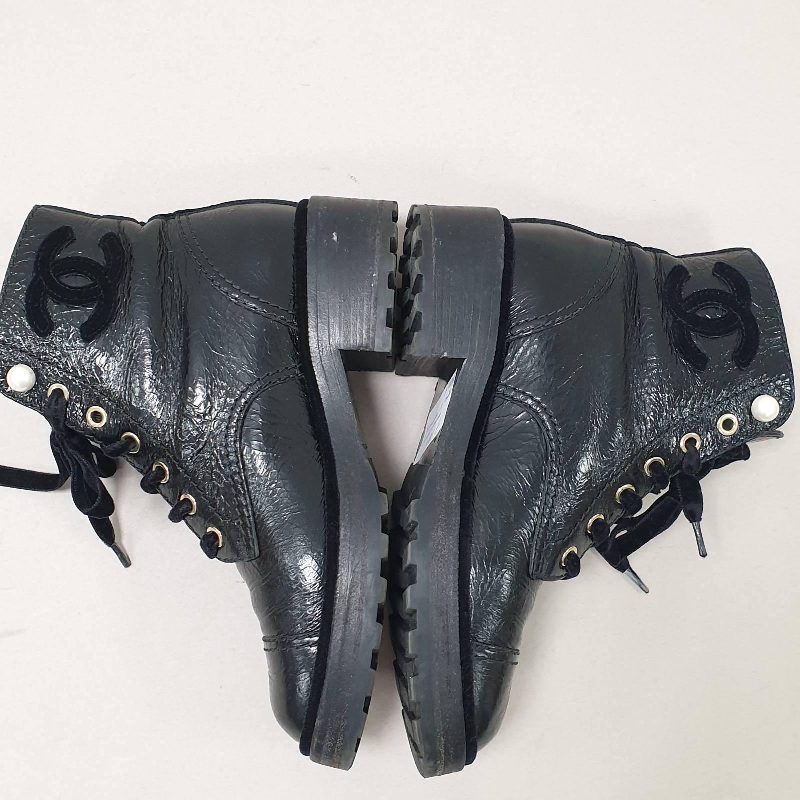 Chanel Pearl Embellished Crackled Calfskin Leather Boots For Sale 2