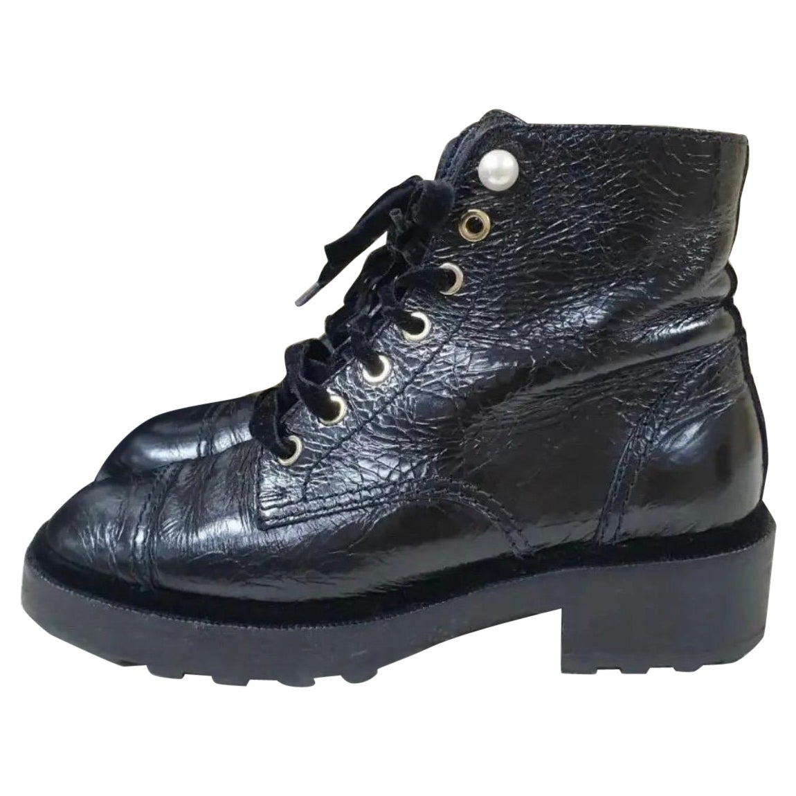 Chanel Pearl Embellished Crackled Calfskin Leather Boots