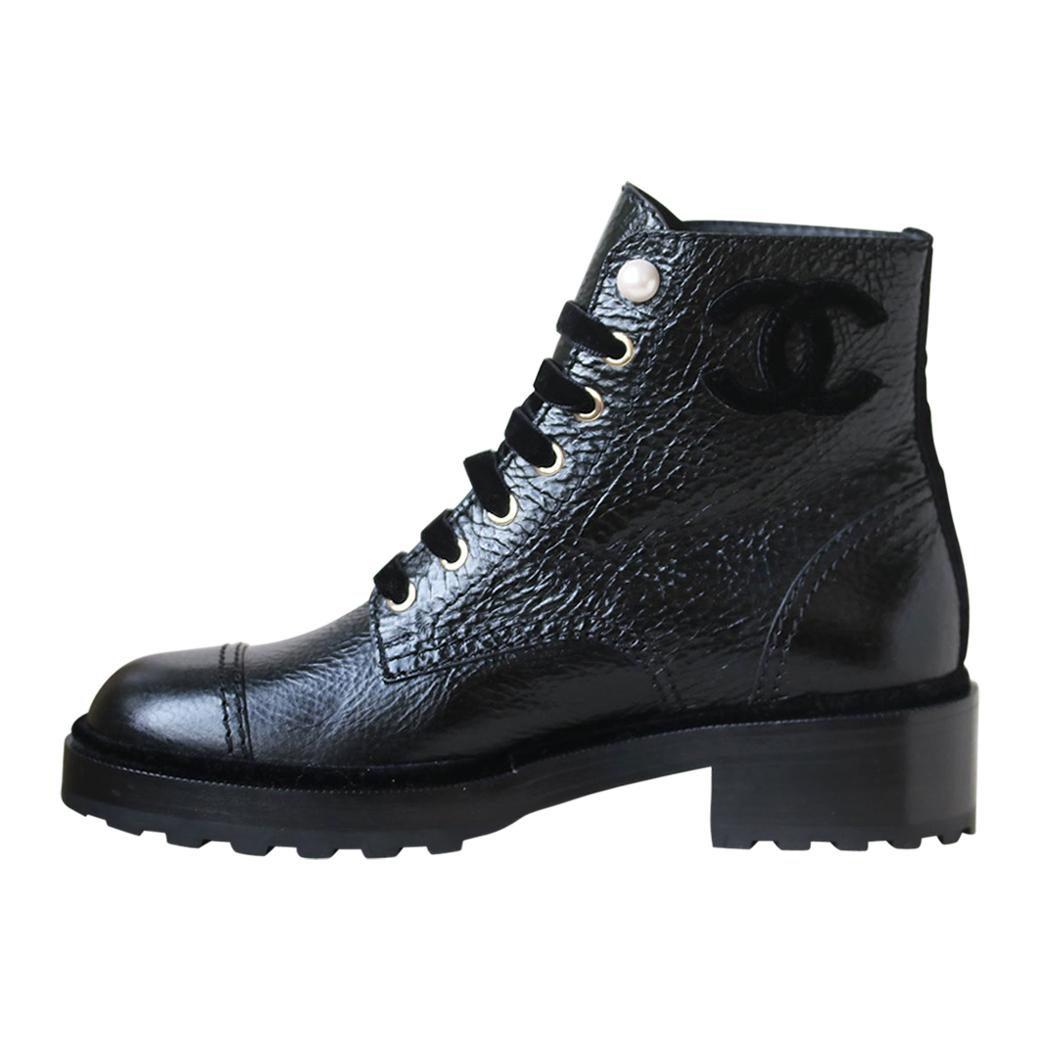 CHANEL 395 Black Leather Pearls Bootie Short Ankle Boots Biker Motorcycle  for sale online  eBay
