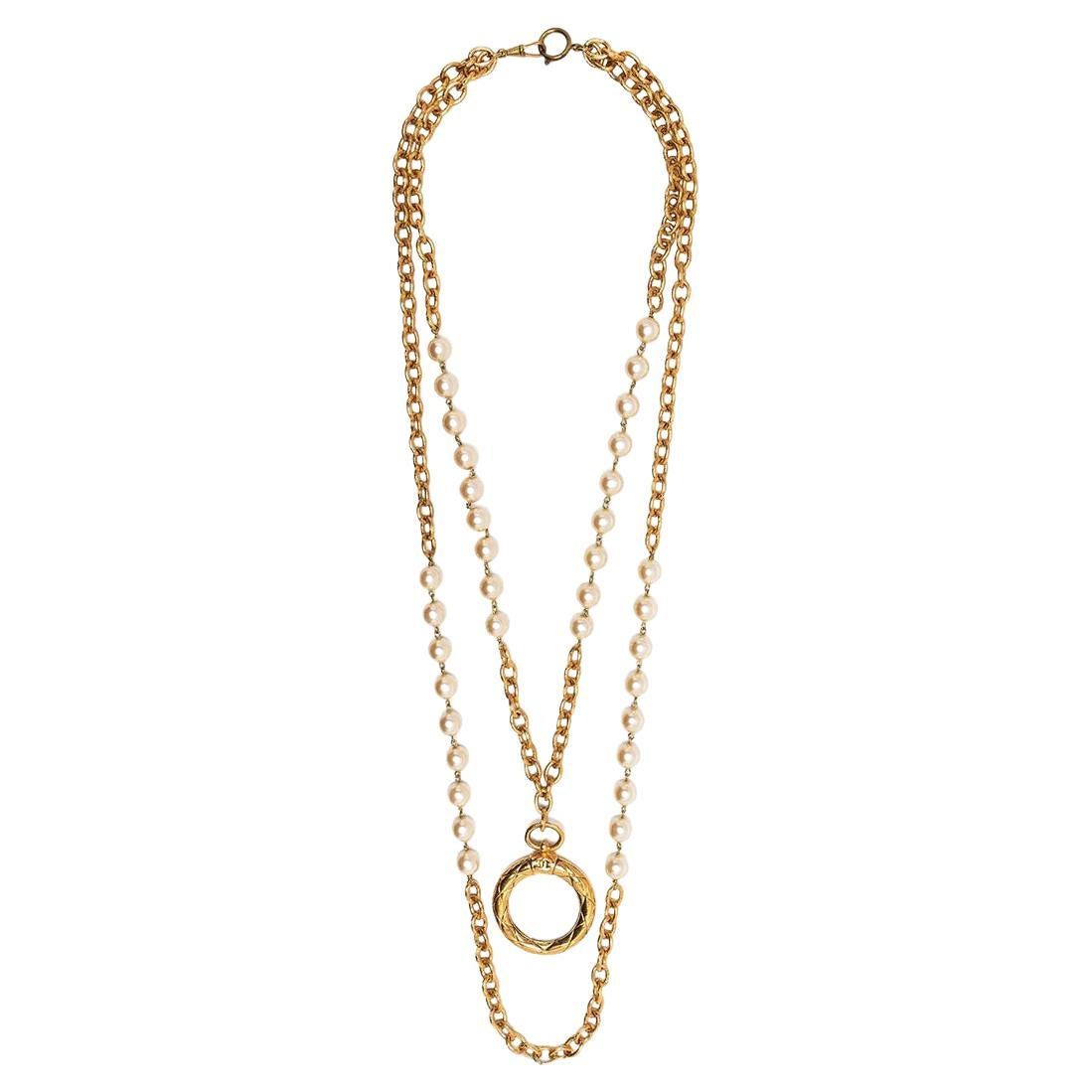 Chanel Pearl-embellished double-chain necklace For Sale