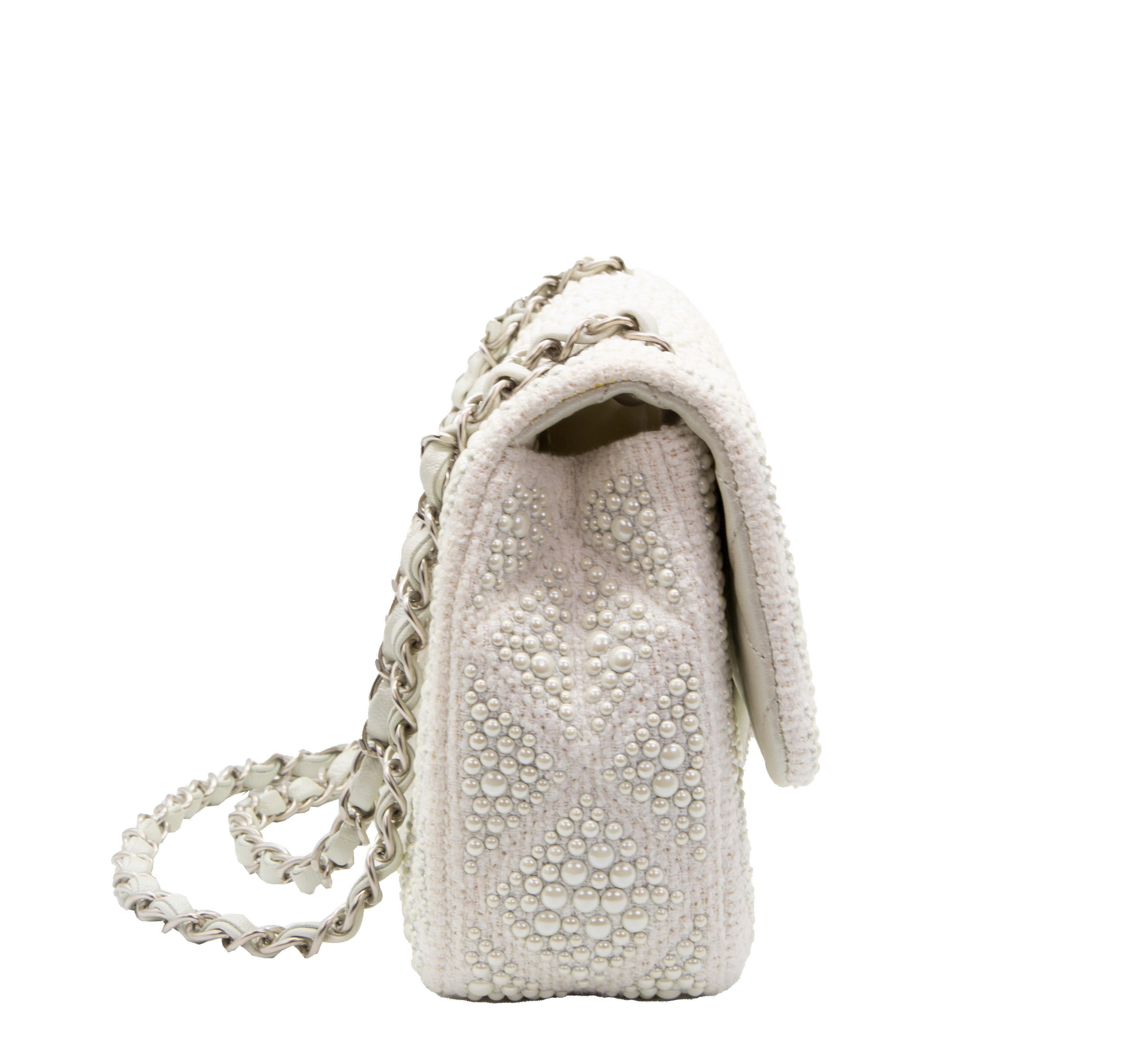Beige Chanel Pearl Embellished Flap Bag