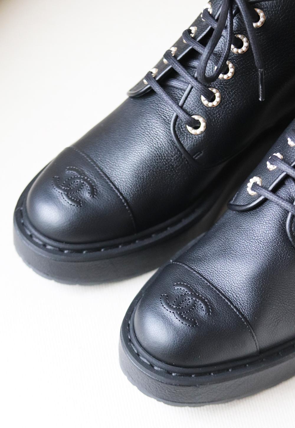 Black Chanel Pearl Embellished Grained Calfskin Ankle Boots