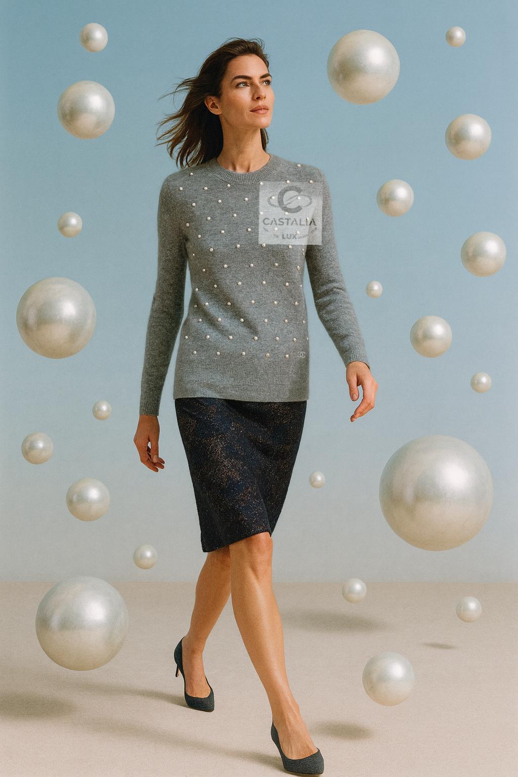 Chanel Sublime Grey Jumper with Pearl Embellishment and CC Charm

 A study in precision and softness by Chanel:
Not merely knitwear, but a calibrated harmony of warmth, light, and permanence — each pearl a fixed star in Chanel’s own celestial