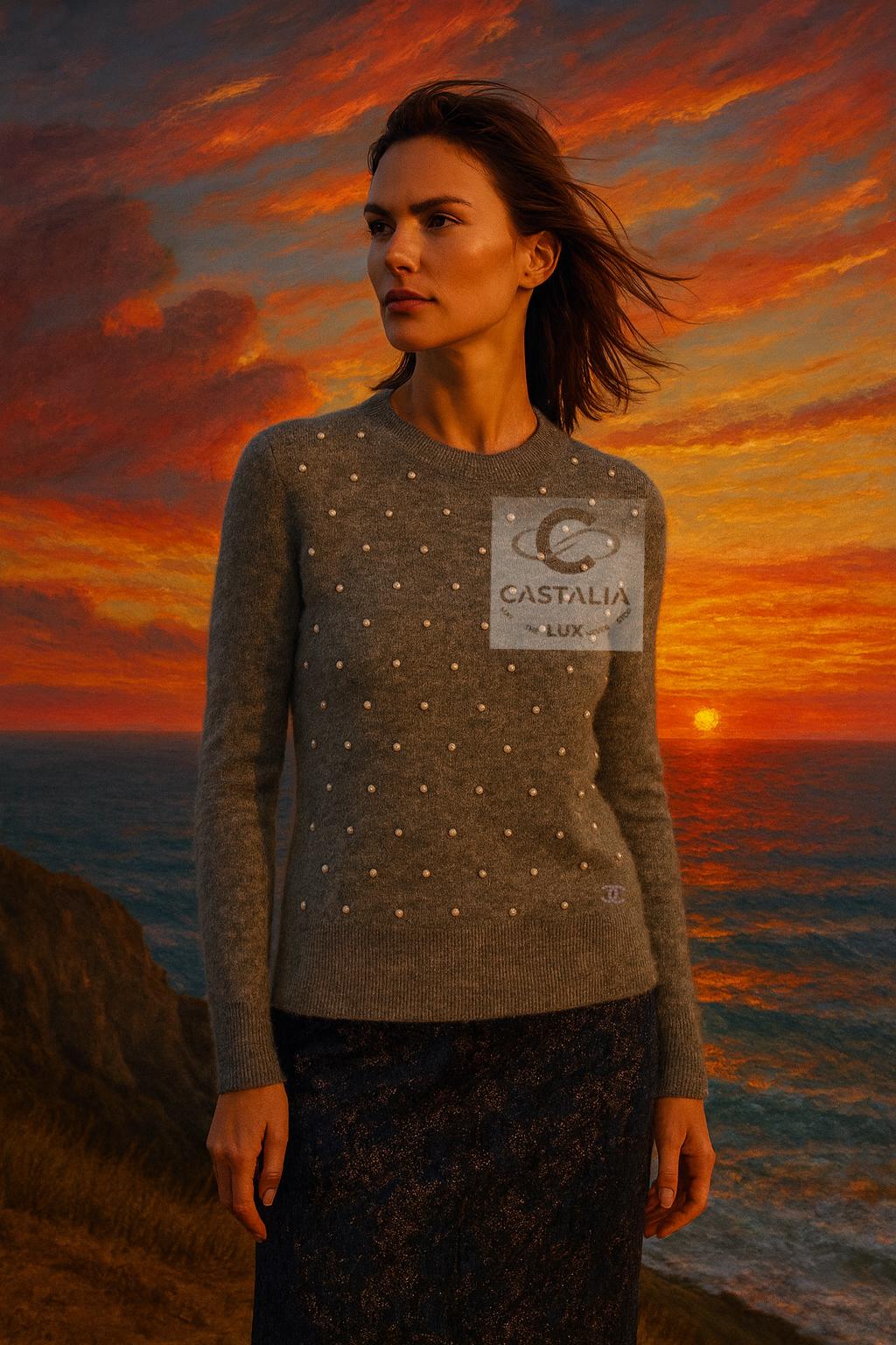 Women's or Men's CHANEL Pearl Embellished Grey Jumper 34 FR For Sale