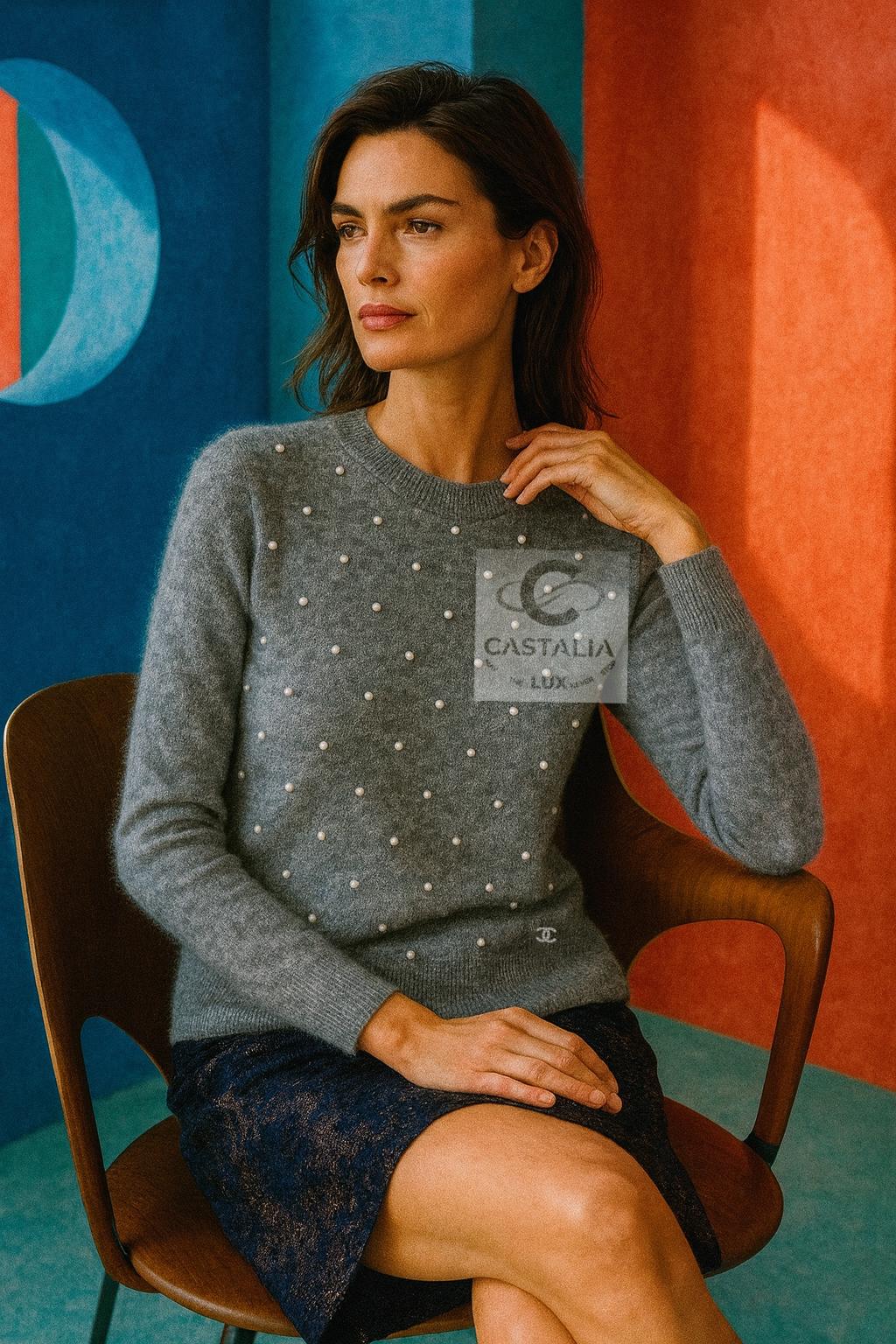 CHANEL Pearl Embellished Grey Jumper 34 FR For Sale 3